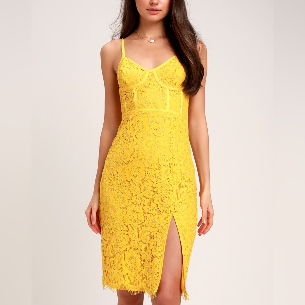 Lulus Love Me Right Yellow Lace Bodycon Midi Dress